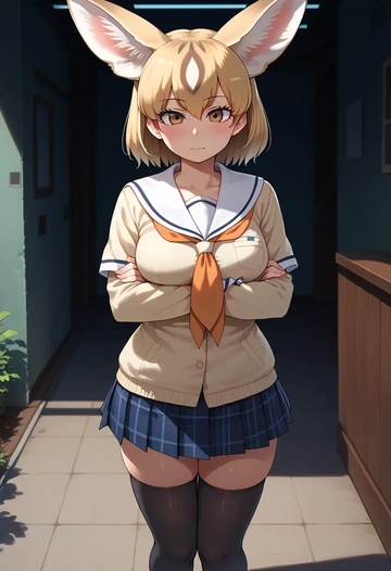 kemono_friends,fennec_(kemono_friends),jk uniform, stockings  - AI generated anime art