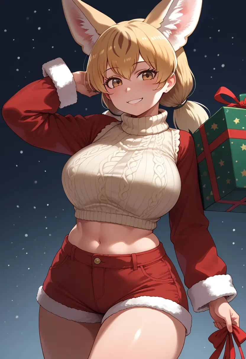 kemono_friends,fennec_(kemono_friends),Christmas,red velvet shorts,turtleneck sweater  - 