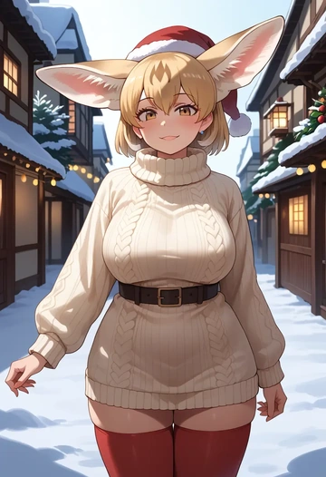 kemono_friends,fennec_(kemono_friends),Christmas,sweater dress,stockings  - AI generated anime art