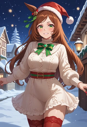 umamusume,fine_motion_(umamusume),Christmas,sweater dress,stockings  - AI generated anime art