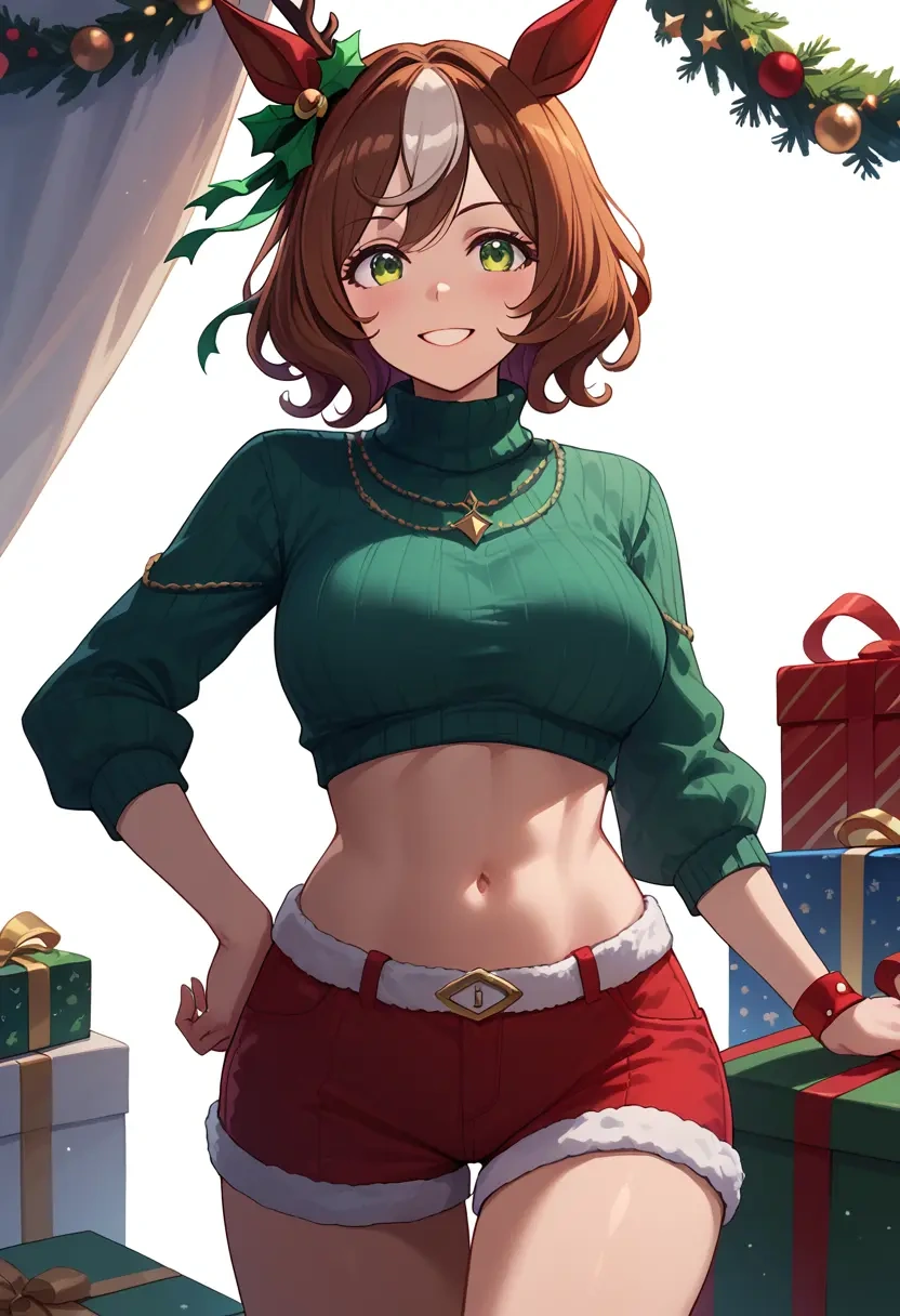 umamusume,fine_motion_(umamusume),Christmas,red velvet shorts,turtleneck sweater  - 