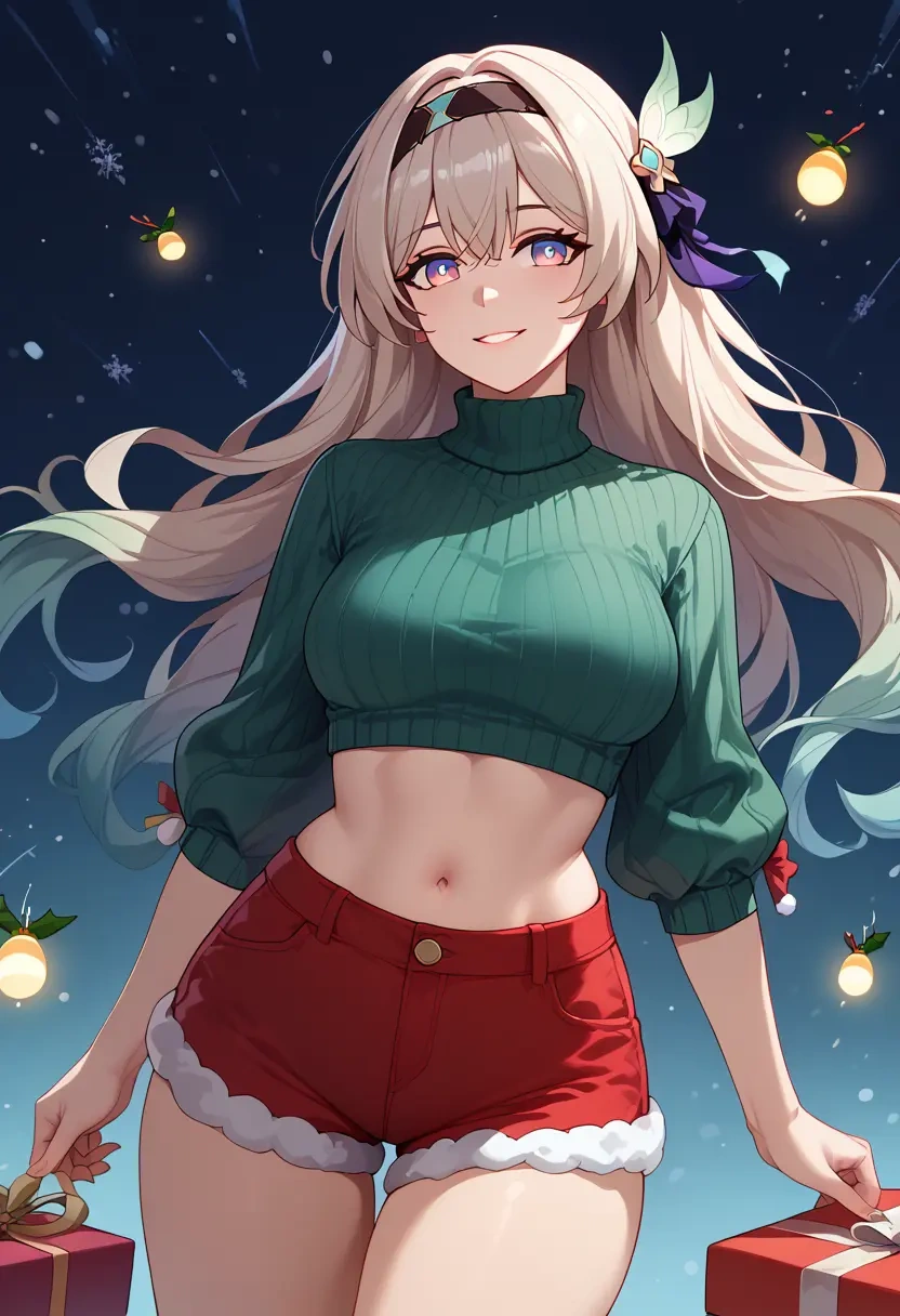 star rail,firefly,Christmas,red velvet shorts,turtleneck sweater  - 