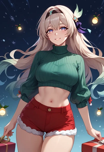 star rail,firefly,Christmas,red velvet shorts,turtleneck sweater  - AI generated anime art