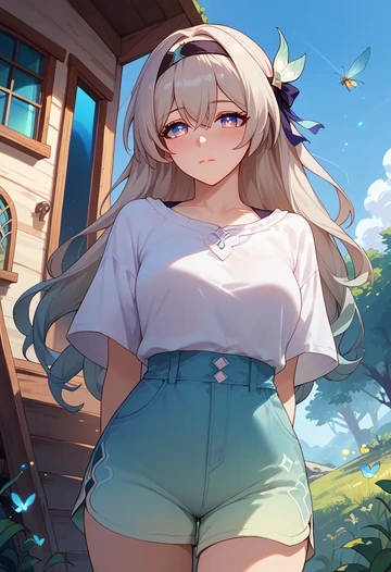 star rail,firefly,graphic tee,shorts,sneakers  - AI generated anime art