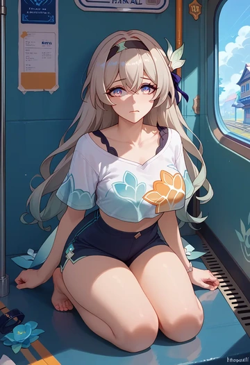 star rail,firefly,crop top,athletic shorts  - AI generated anime art