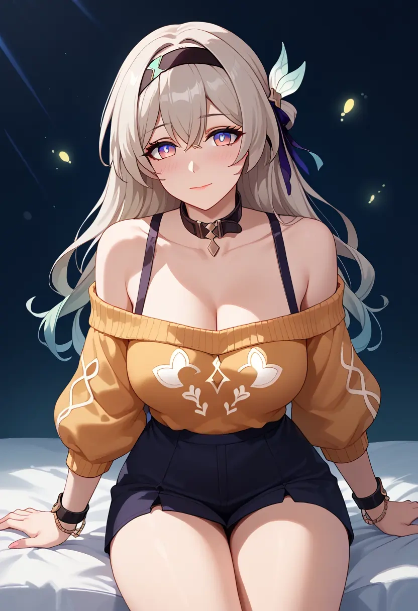 star rail,firefly,blushing,collar,peace sign,off-shoulder,sweater  - 