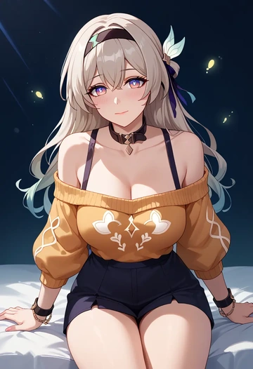 star rail,firefly,blushing,collar,peace sign,off-shoulder,sweater  - AI generated anime art