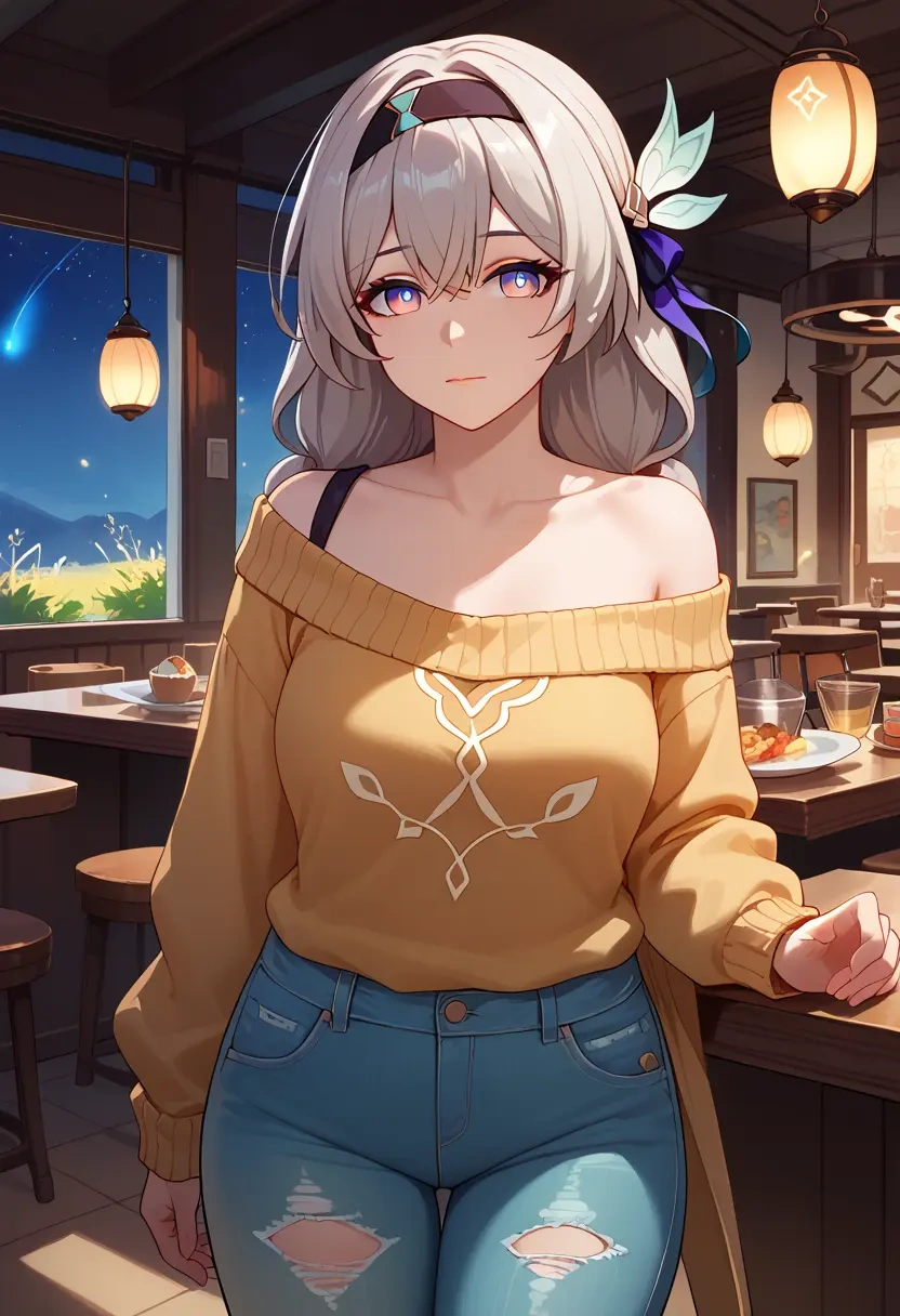 star rail,firefly,sweater,off-shoulder,ripped jeans  - 