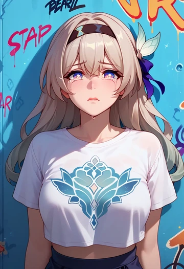 star rail,firefly,crop graffiti tee,dolphin shorts  - AI generated anime art