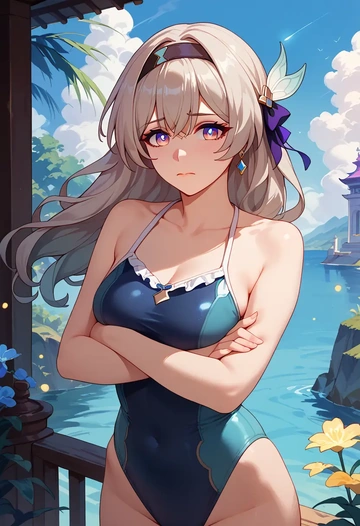 star rail,firefly,retro style swimsuit,frilled neckline,bow detail  - AI generated anime art