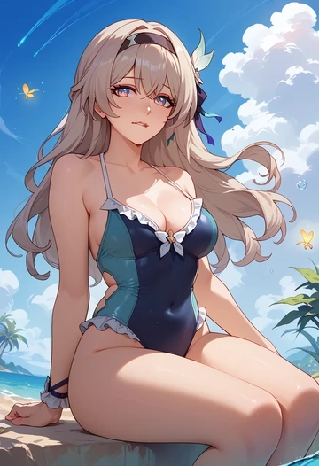 star rail,firefly,retro style swimsuit,frilled neckline,bow detail  - AI generated anime art