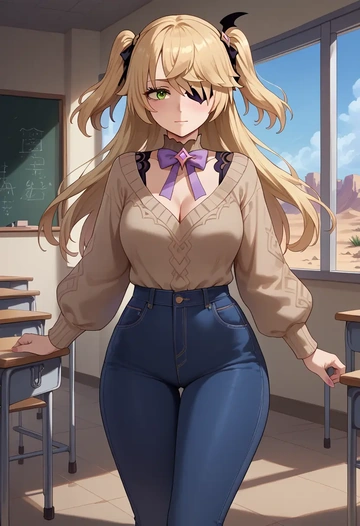 genshin impact,fischl_(genshin_impact),teacher, sweater, jeans shorts  - AI generated anime art