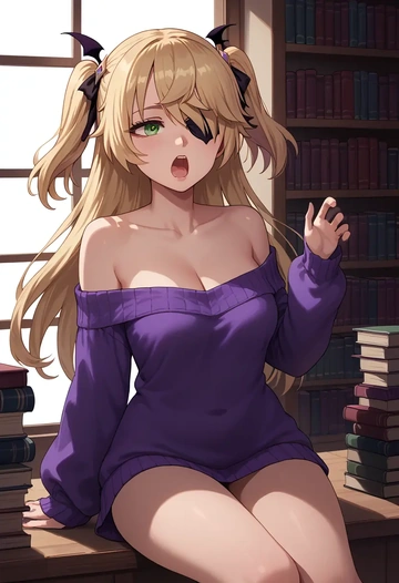 genshin impact,fischl_(genshin_impact),Yawning,off-shoulder,sweater,stockings  - AI generated anime art