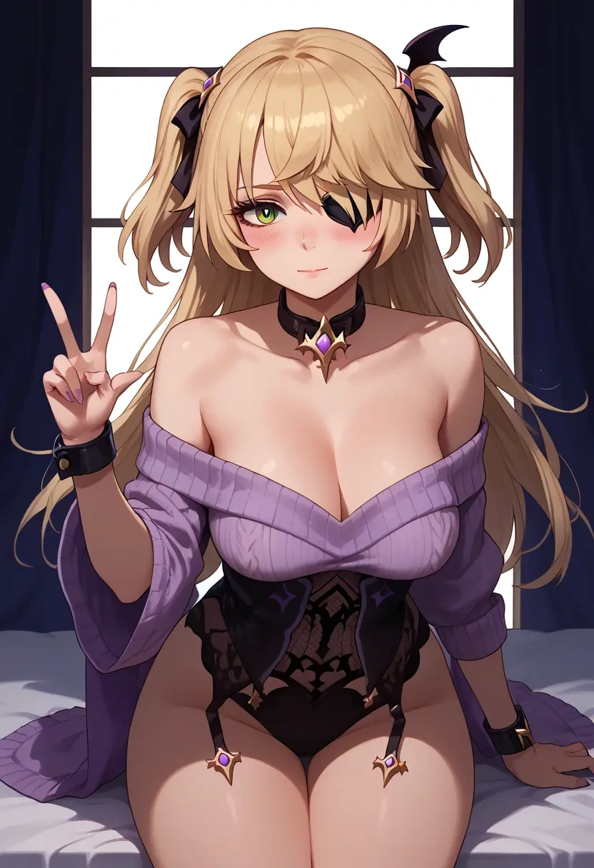 genshin impact,fischl_(genshin_impact),blushing,collar,peace sign,off-shoulder,sweater  - 