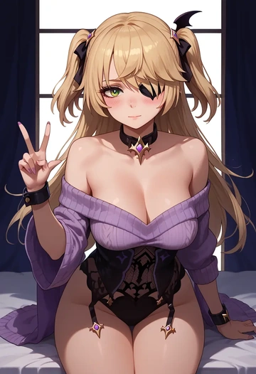 genshin impact,fischl_(genshin_impact),blushing,collar,peace sign,off-shoulder,sweater  - AI generated anime art