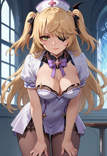 genshin impact,fischl_(genshin_impact),nurse, pantyhose,mini skirt  - AI generated anime art