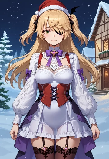 genshin impact,fischl_(genshin_impact),Christmas,sweater dress,stockings  - AI generated anime art