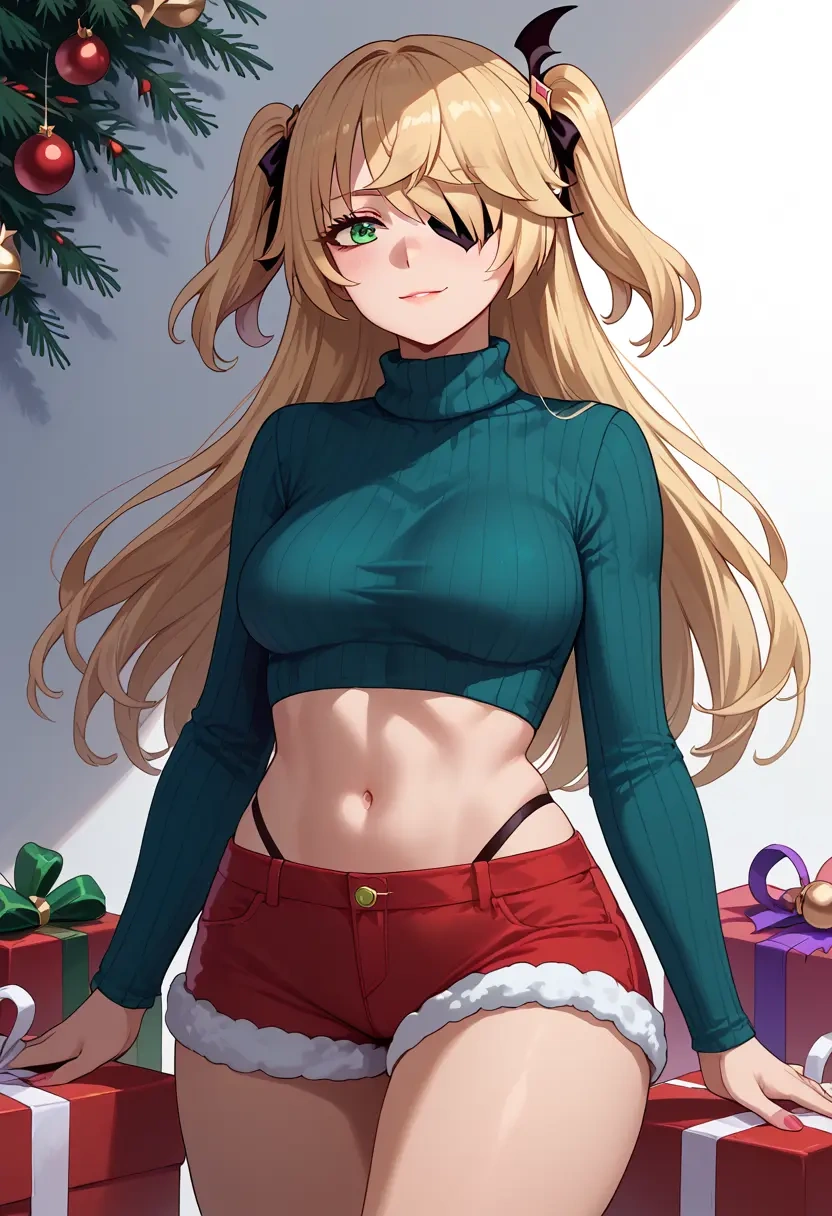 genshin impact,fischl_(genshin_impact),Christmas,red velvet shorts,turtleneck sweater  - 