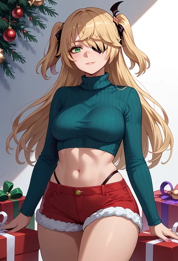 genshin impact,fischl_(genshin_impact),Christmas,red velvet shorts,turtleneck sweater  - AI generated anime art