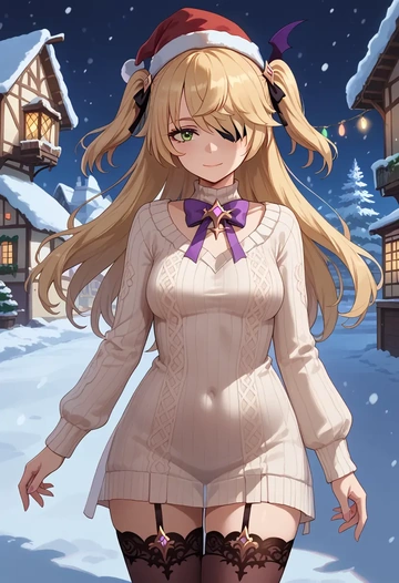 genshin impact,fischl_(genshin_impact),Christmas,sweater dress,stockings  - AI generated anime art