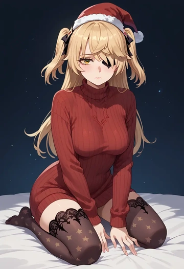 genshin impact,fischl_(genshin_impact),Christmas,sweater dress,stockings  - AI generated anime art