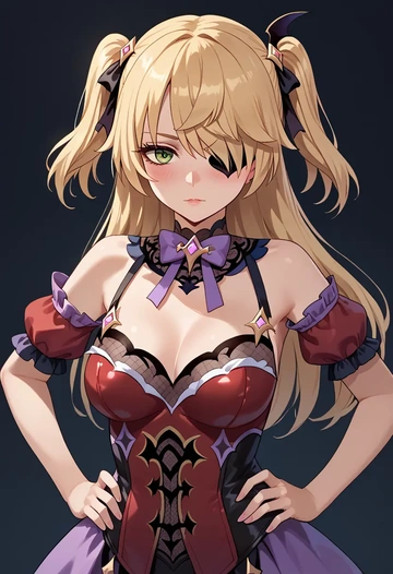 genshin impact,fischl_(genshin_impact),vampire corset,lace blouse,velvet skirt  - AI generated anime art