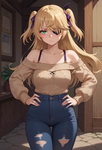 genshin impact,fischl_(genshin_impact),sweater,off-shoulder,ripped jeans  - AI generated anime art