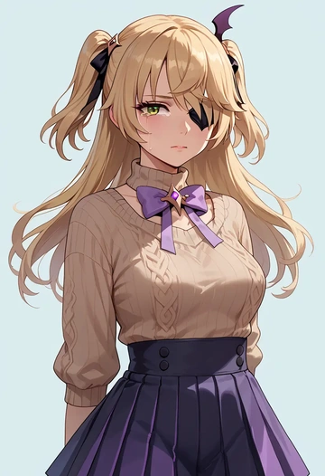 genshin impact,fischl_(genshin_impact),sweater,cropped,pleated midi skirt  - AI generated anime art