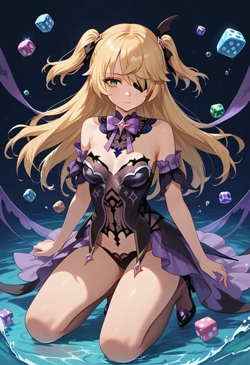 genshin impact,fischl_(genshin_impact),gown,strapless,mermaid silhouette  - AI generated anime art