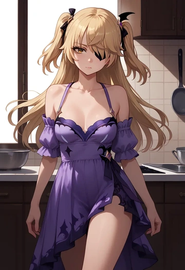 genshin impact,fischl_(genshin_impact),silk slip dress,floral prints  - AI generated anime art