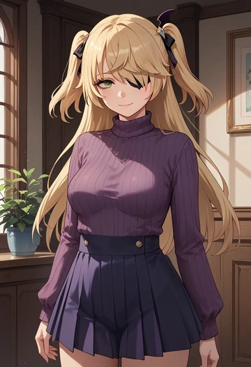 genshin impact,fischl_(genshin_impact),skirt,pleated,turtleneck sweater  - AI generated anime art