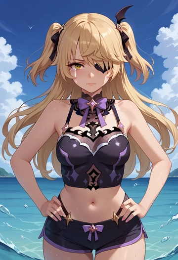 genshin impact,fischl_(genshin_impact),sleeveless swim top,shorts-style bottom,contrast stitching  - AI generated anime art