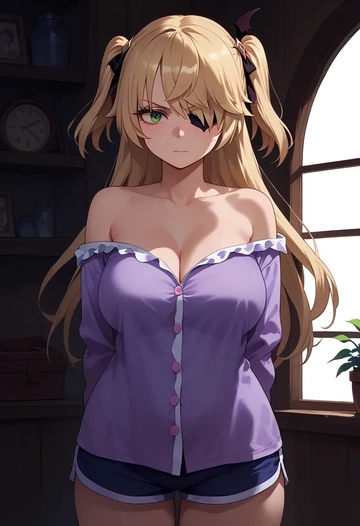 genshin impact,fischl_(genshin_impact),pajamas, low-waisted shorts  - AI generated anime art