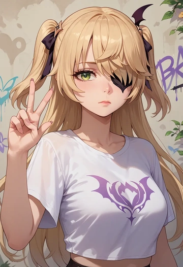 genshin impact,fischl_(genshin_impact),crop graffiti tee,dolphin shorts  - AI generated anime art