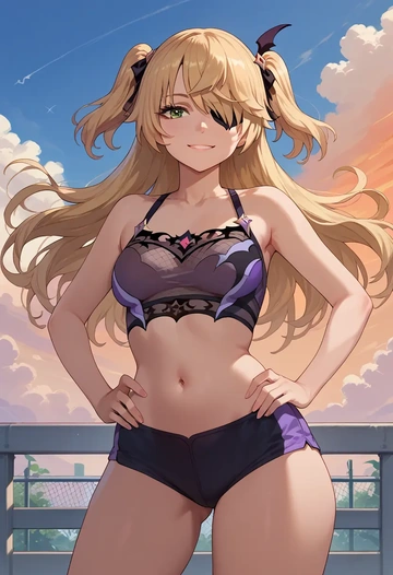 genshin impact,fischl_(genshin_impact),tankini top,board shorts  - AI generated anime art