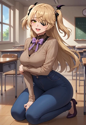 genshin impact,fischl_(genshin_impact),teacher, sweater, jeans shorts  - AI generated anime art