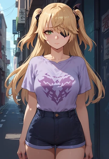 genshin impact,fischl_(genshin_impact),handwritten script shirt,dolphin shorts  - AI generated anime art