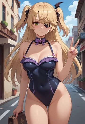 genshin impact,fischl_(genshin_impact),retro style swimsuit,frilled neckline,bow detail  - AI generated anime art