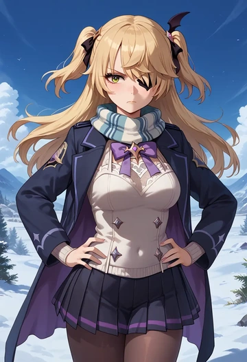 genshin impact,fischl_(genshin_impact),winter,student uniform,puffer coat  - AI generated anime art