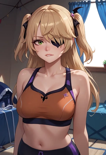 genshin impact,fischl_(genshin_impact),sports bra,high-waisted leggings  - AI generated anime art