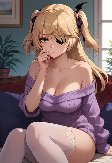 genshin impact,fischl_(genshin_impact),cross-legged,Head resting on hand,off-shoulder,sweater  - AI generated anime art