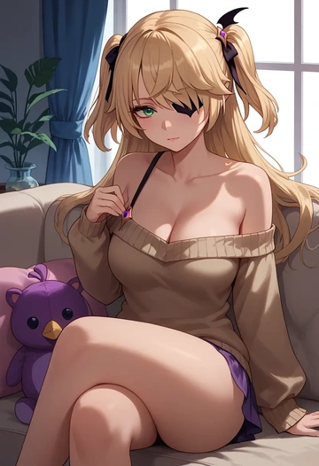 genshin impact,fischl_(genshin_impact),off-shoulder,sweater  - AI generated anime art