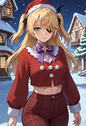 genshin impact,fischl_(genshin_impact),Christmas,plaid trousers  - AI generated anime art