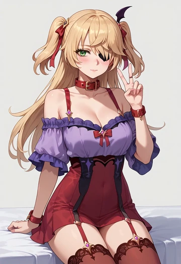 genshin impact,fischl_(genshin_impact),blushing,collar,Thigh garters  - AI generated anime art