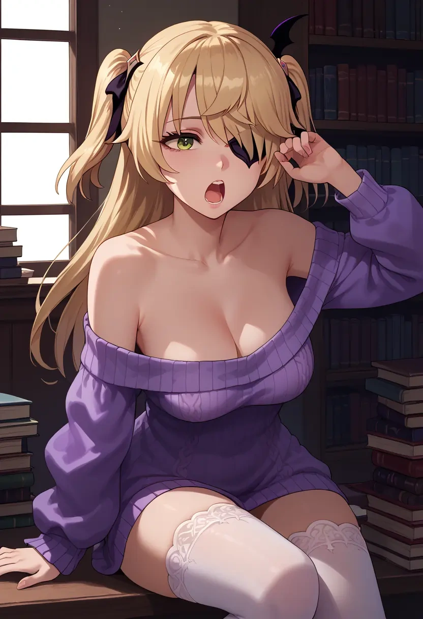 genshin impact,fischl_(genshin_impact),Yawning,off-shoulder,sweater,stockings  - 