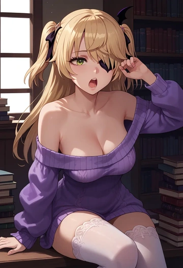 genshin impact,fischl_(genshin_impact),Yawning,off-shoulder,sweater,stockings  - AI generated anime art