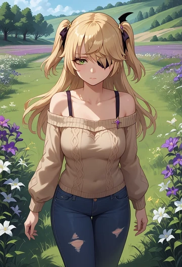 genshin impact,fischl_(genshin_impact),sweater,off-shoulder,ripped jeans  - AI generated anime art