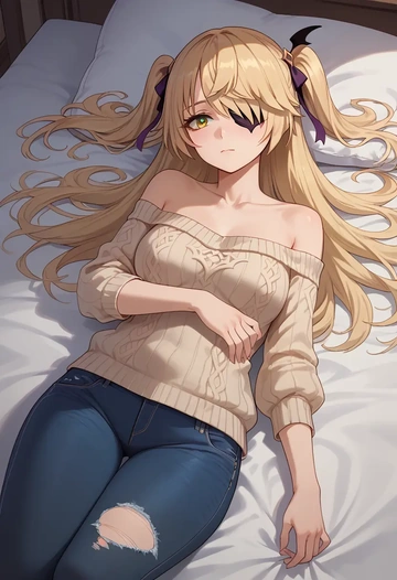 genshin impact,fischl_(genshin_impact),sweater,off-shoulder,ripped jeans  - AI generated anime art