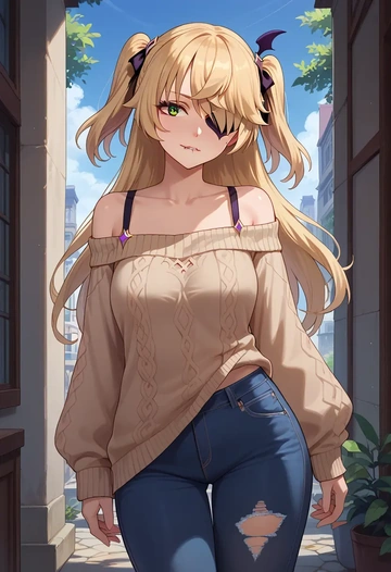 genshin impact,fischl_(genshin_impact),sweater,off-shoulder,ripped jeans  - AI generated anime art