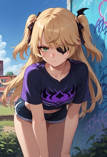 genshin impact,fischl_(genshin_impact),cropped graffiti sweatshirt,dolphin shorts  - AI generated anime art